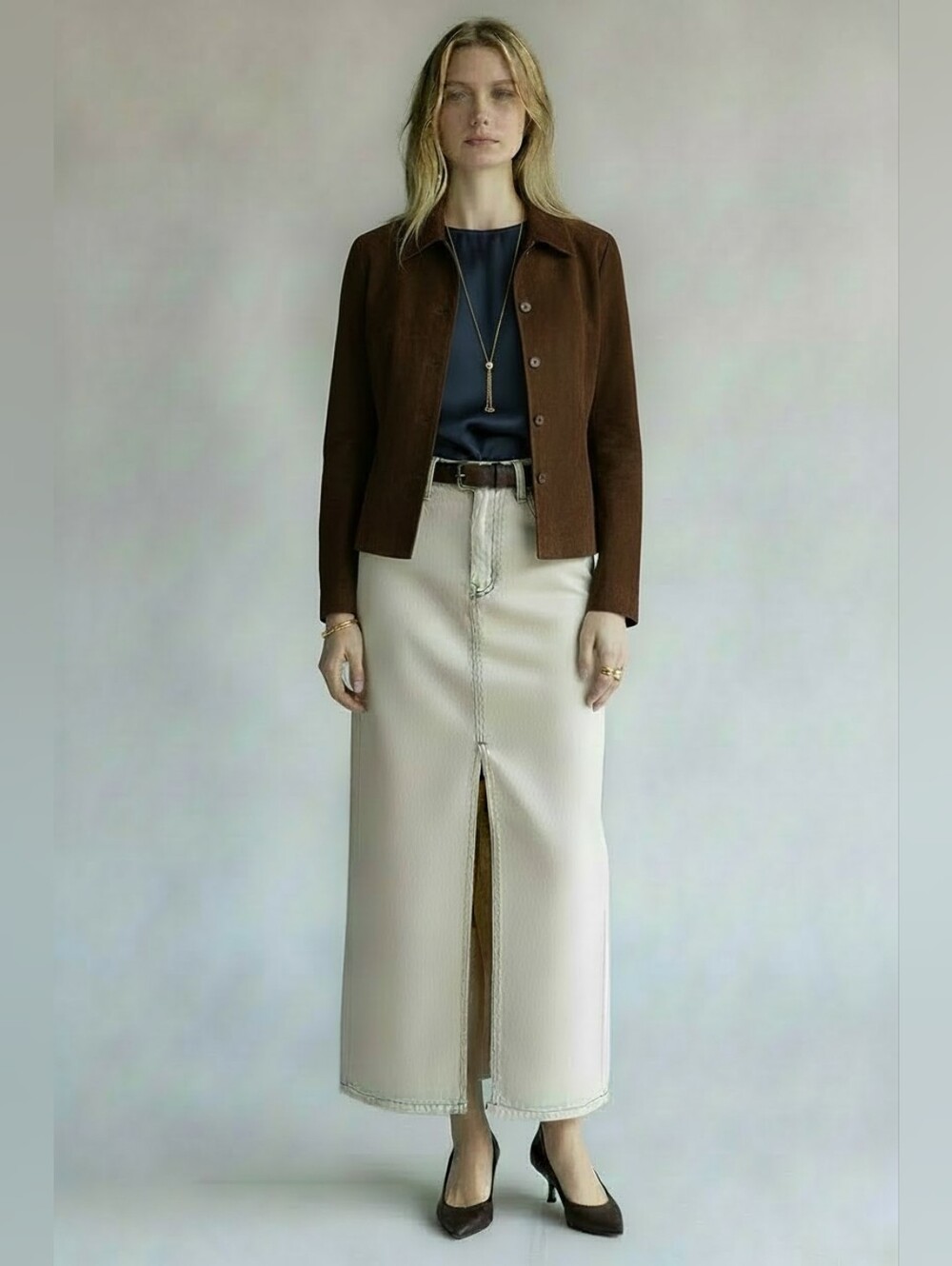Oat NY Cream Maxi Denim Skirt with Front Slit SZ 4